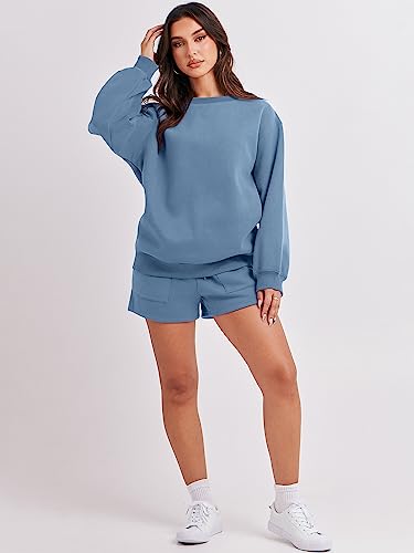 ANRABESS Women 2 Piece Outfits Sweat Shorts Sets 2024 Oversized Casual Lounge Matching Set Sweatsuit Tracksuit Clothes Deep Blue Large