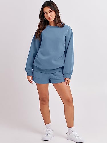 ANRABESS Women 2 Piece Outfits Sweat Shorts Sets 2024 Oversized Casual Lounge Matching Set Sweatsuit Tracksuit Clothes Deep Blue Large