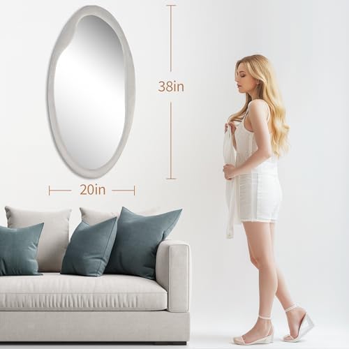 CAVINHOME Irregular Asymmetrical Wall Mirror- 20"x38.5"Gray Felt Fabric Padded Wavy Wall Mirror for Living Room, Bedroom, Hallway,Dressing Room & Farmhouse-Oval Cloud Vanity Mirror Decorative