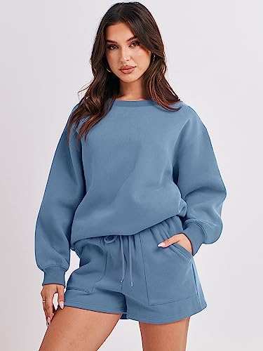ANRABESS Women 2 Piece Outfits Sweat Shorts Sets 2024 Oversized Casual Lounge Matching Set Sweatsuit Tracksuit Clothes Deep Blue Large
