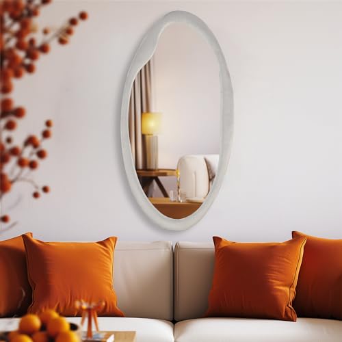 CAVINHOME Irregular Asymmetrical Wall Mirror- 20"x38.5"Gray Felt Fabric Padded Wavy Wall Mirror for Living Room, Bedroom, Hallway,Dressing Room & Farmhouse-Oval Cloud Vanity Mirror Decorative