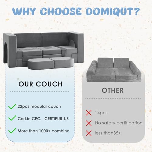 Domiqut 22Pcs Modular Kids Play Couch, Floor Sofa for Children, 1000+DIY Creativing Playroom Furniture for Toddlers, Convertible Foam and Floor Cushion for Boys and Girls