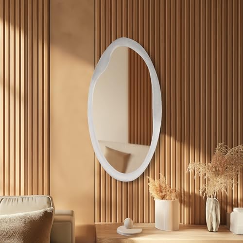 CAVINHOME Irregular Asymmetrical Wall Mirror- 20"x38.5"Gray Felt Fabric Padded Wavy Wall Mirror for Living Room, Bedroom, Hallway,Dressing Room & Farmhouse-Oval Cloud Vanity Mirror Decorative