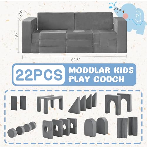Domiqut 22Pcs Modular Kids Play Couch, Floor Sofa for Children, 1000+DIY Creativing Playroom Furniture for Toddlers, Convertible Foam and Floor Cushion for Boys and Girls