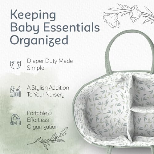 KiddyCare Diaper Caddy Organizer for Baby Nursery Basket with Handle Lid Nursing Caddy with Changing Table Organizer Cart Newborn Caddy Basil Large