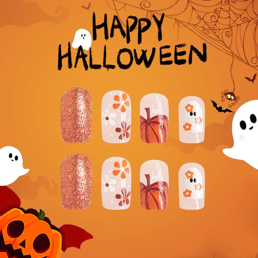 24Pcs Halloween Press on Nails Short Square Fake Nails with Orange Glitter Design Halloween Glue on Nails Full Cover Halloween Nails Stick on Nails for Women and Girls Halloween Nail Art Decoration