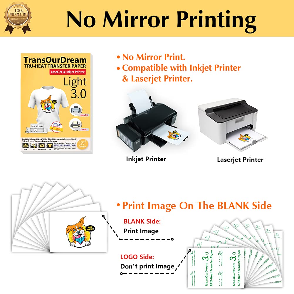 TransOurDream Tru-Heat Transfer Paper for Inkjet & Laserjet Printer (20 Sheets 8.5x11, 3.0) Printable HTV Heat Transfer Vinyl for T Shirts Iron on Transfers for Light Fabrics (TRANS-L3-1-20)