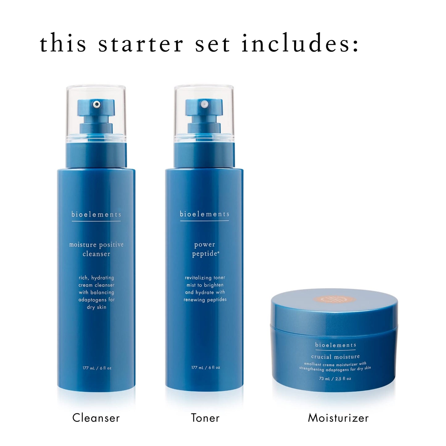 Bioelements 3-Step Starter Set: Dry Skin - Includes Moisture Positive Cleanser, Power Peptide Toner & Crucial Moisture Moisturizer - Vegan, Gluten Free - Never Tested on Animals