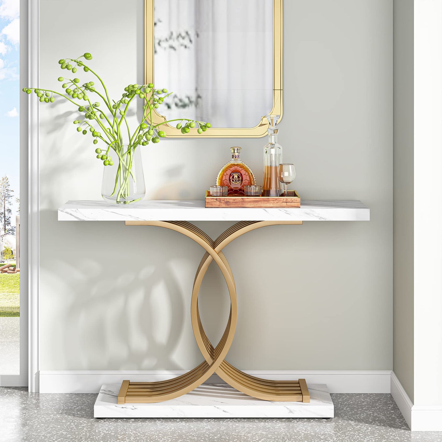 Tribesigns Gold Entryway Table, Modern 39-Inch Console/Accent Table with Geometric Metal Legs, Faux Marble Narrow Wood Sofa Table, Foyer Table for Entrance, Living Room (Gold & White)