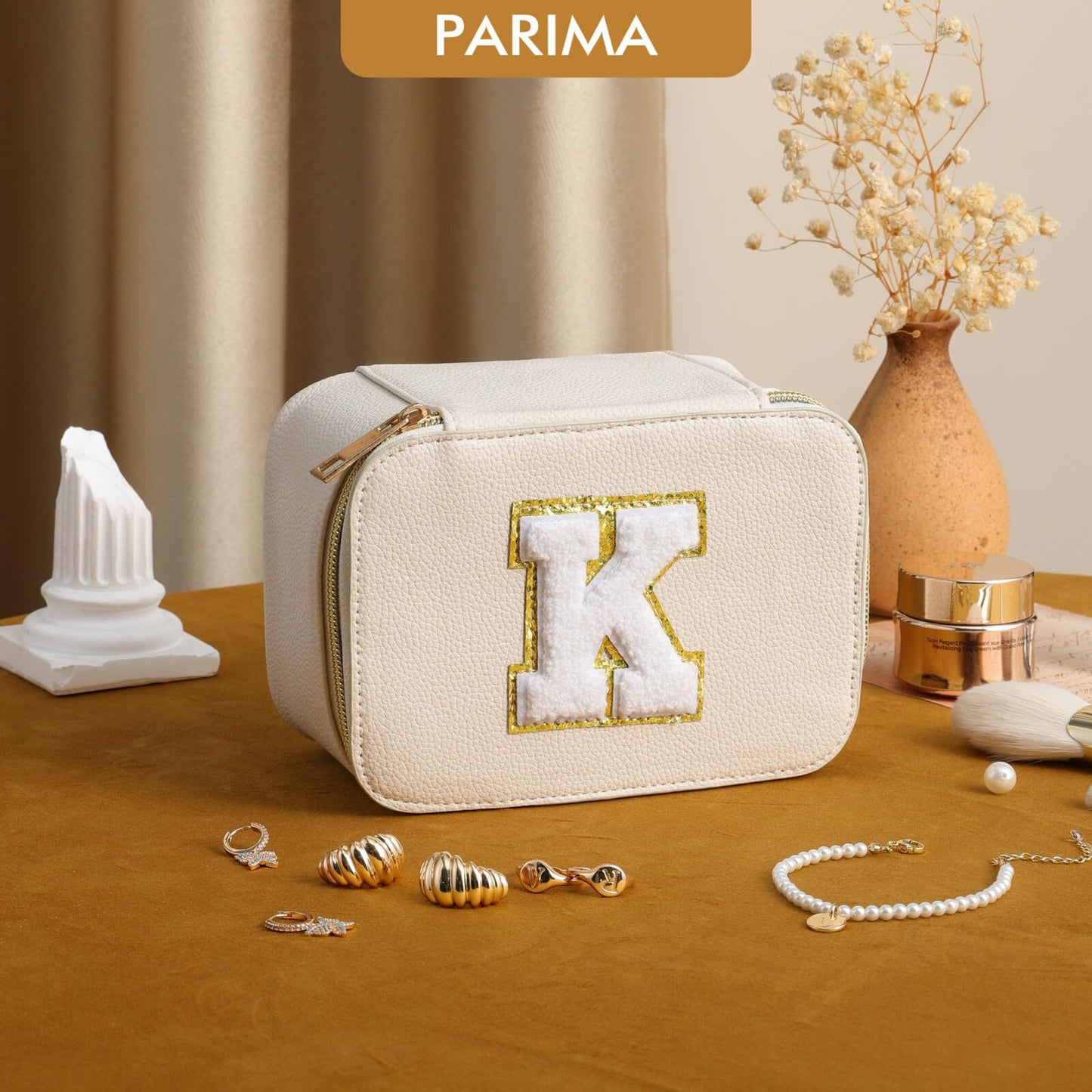 Parima Travel Jewelry Box, Initial Jewelry Box for Women | Travel Jewelry Case and Makeup Bag | Personalized Travel Gifts for Women Girls | Birthday Gifts for Women Girls