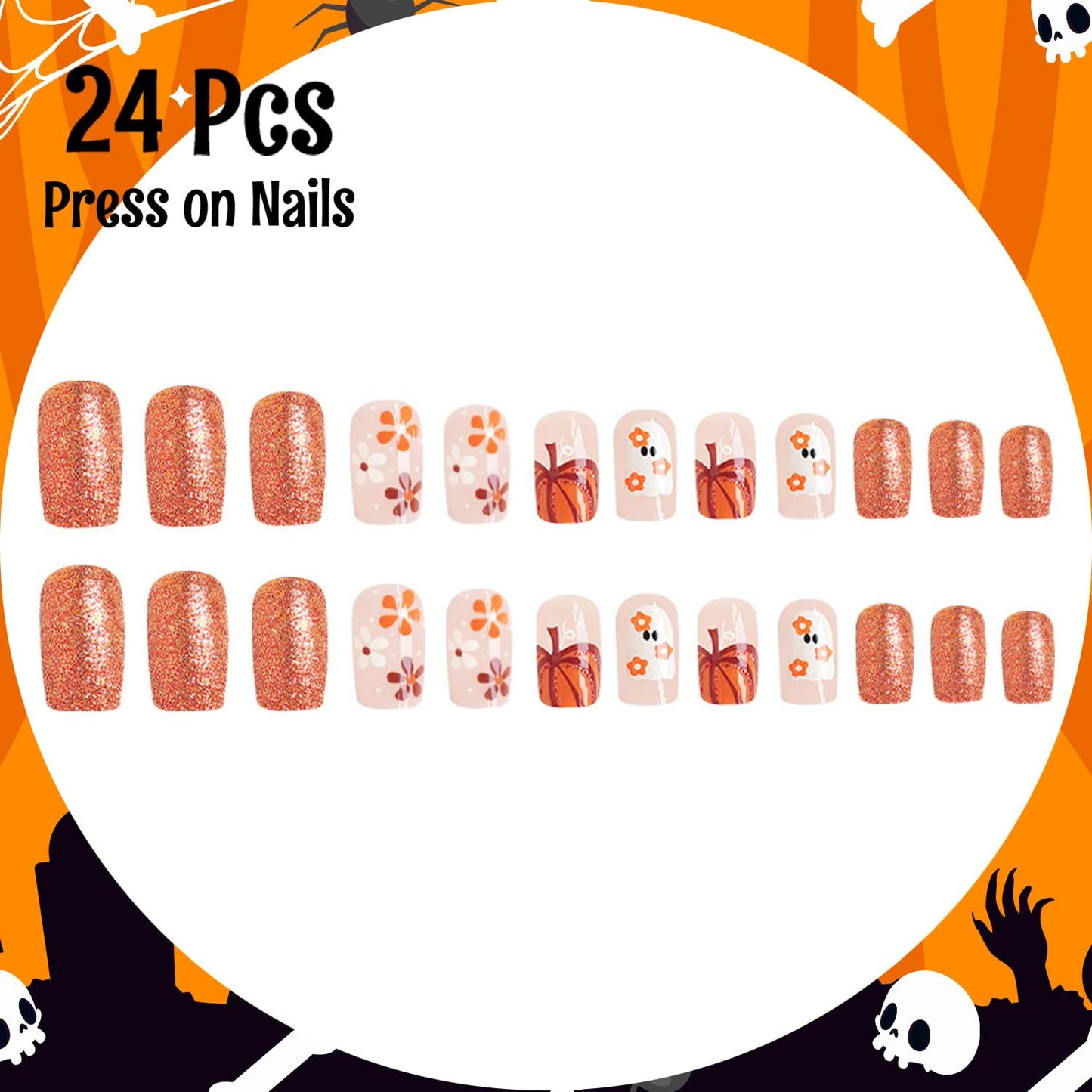 24Pcs Halloween Press on Nails Short Square Fake Nails with Orange Glitter Design Halloween Glue on Nails Full Cover Halloween Nails Stick on Nails for Women and Girls Halloween Nail Art Decoration