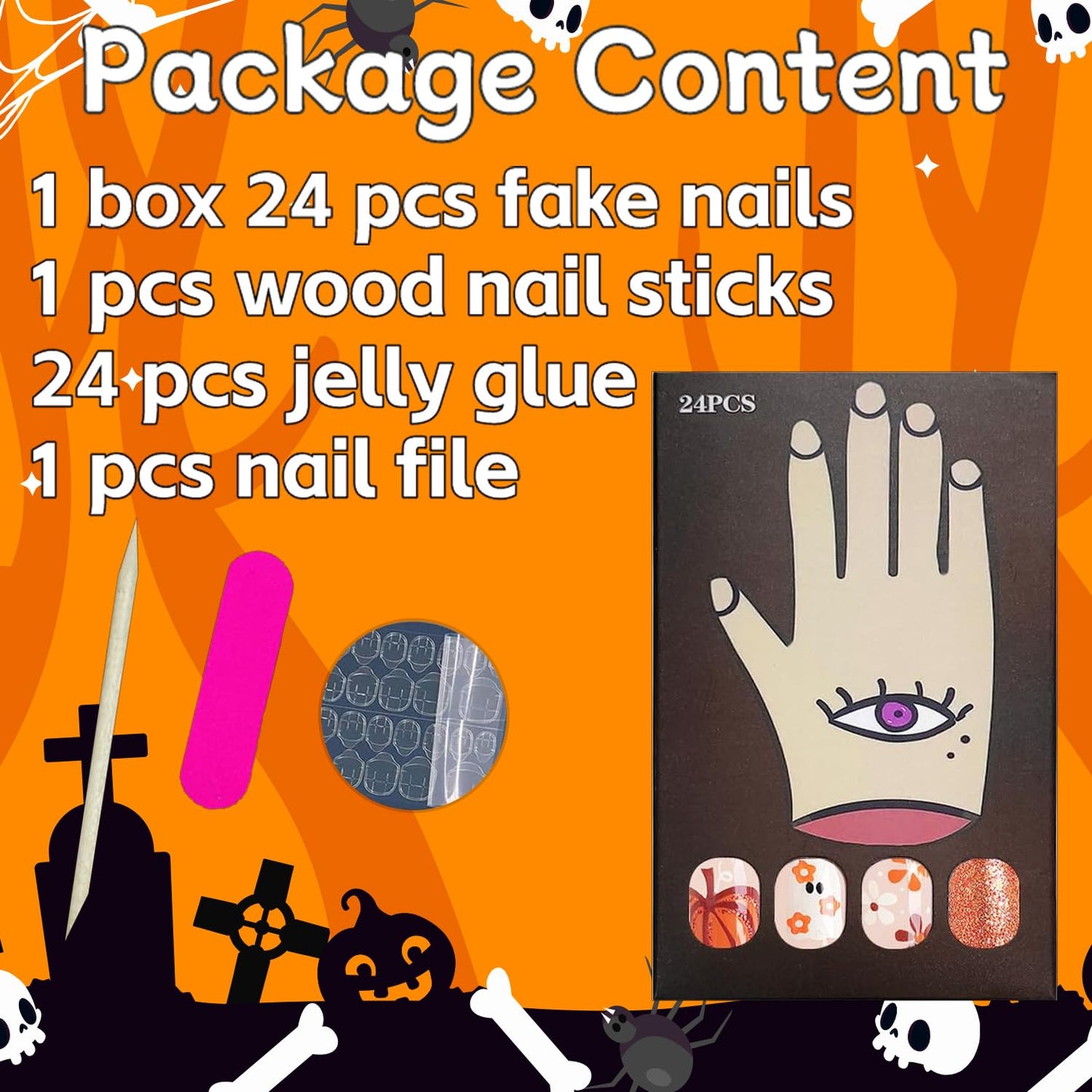 24Pcs Halloween Press on Nails Short Square Fake Nails with Orange Glitter Design Halloween Glue on Nails Full Cover Halloween Nails Stick on Nails for Women and Girls Halloween Nail Art Decoration
