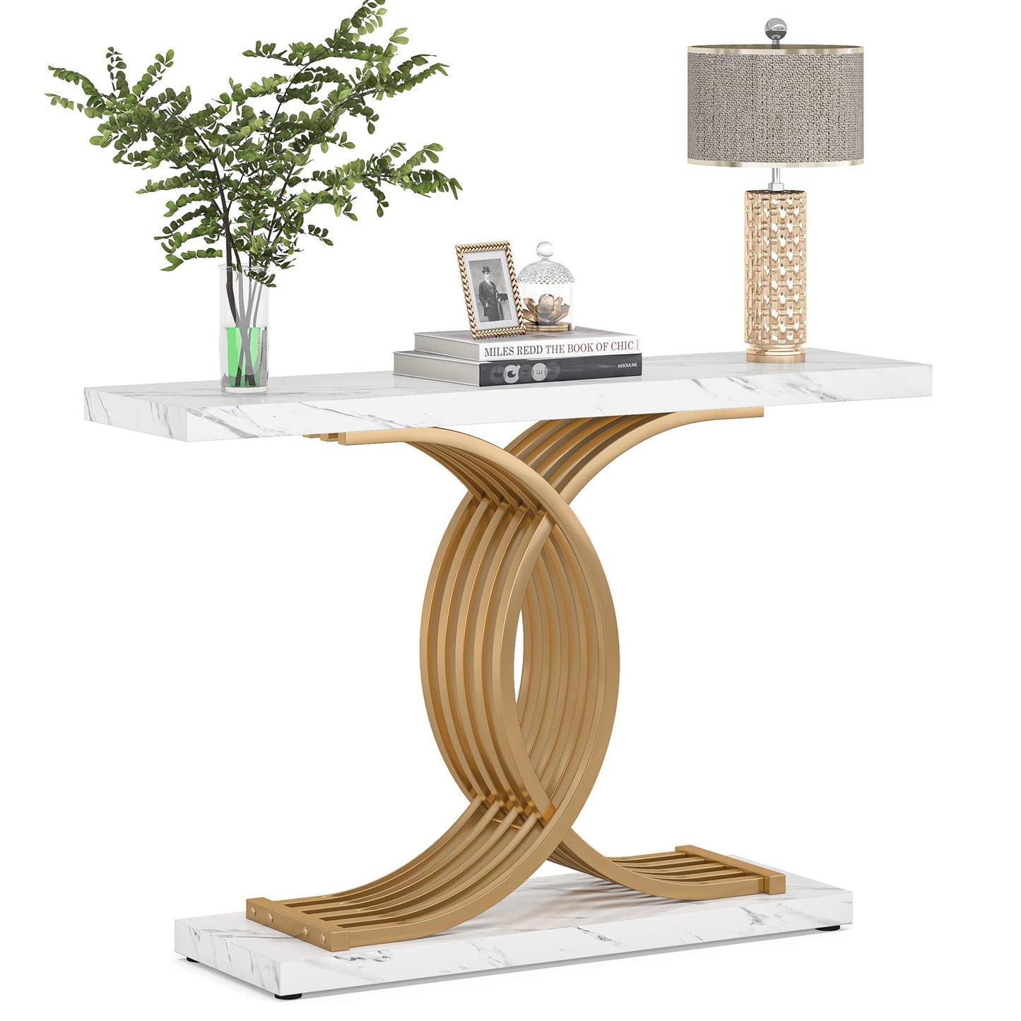Tribesigns Gold Entryway Table, Modern 39-Inch Console/Accent Table with Geometric Metal Legs, Faux Marble Narrow Wood Sofa Table, Foyer Table for Entrance, Living Room (Gold & White)
