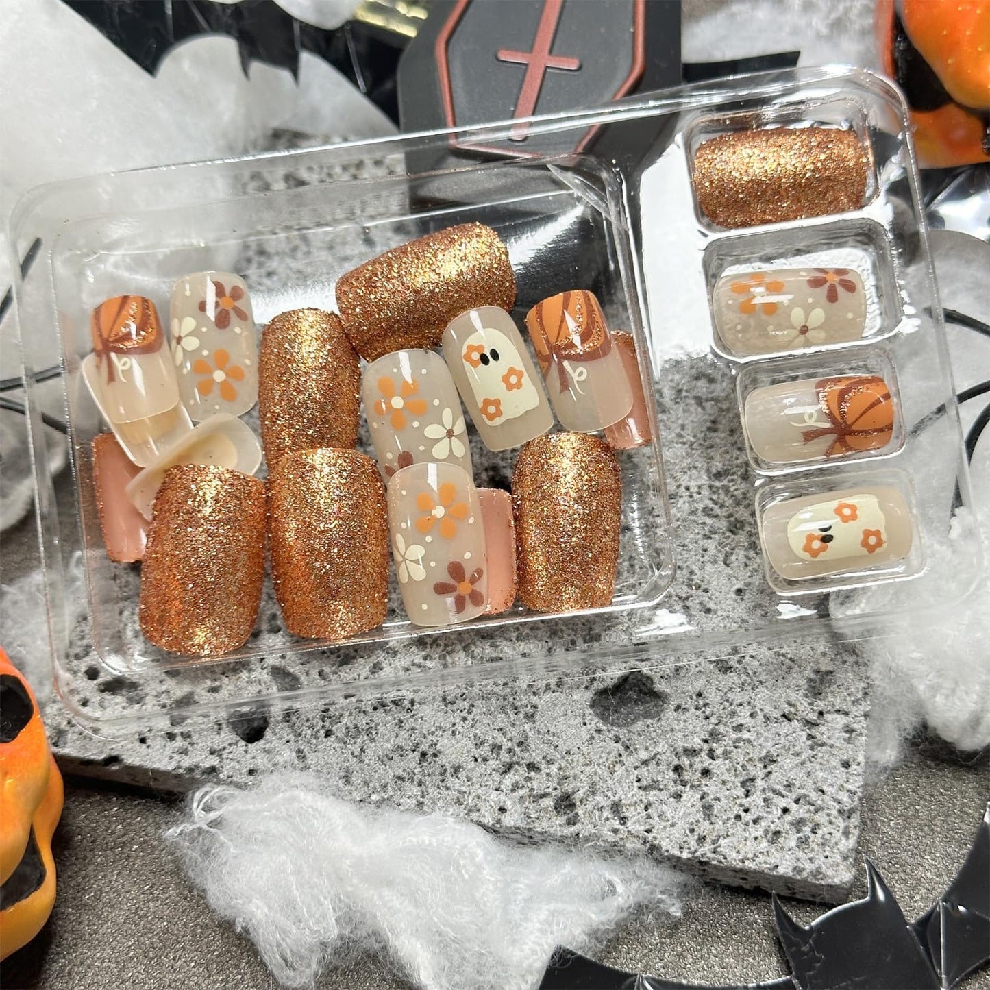 24Pcs Halloween Press on Nails Short Square Fake Nails with Orange Glitter Design Halloween Glue on Nails Full Cover Halloween Nails Stick on Nails for Women and Girls Halloween Nail Art Decoration