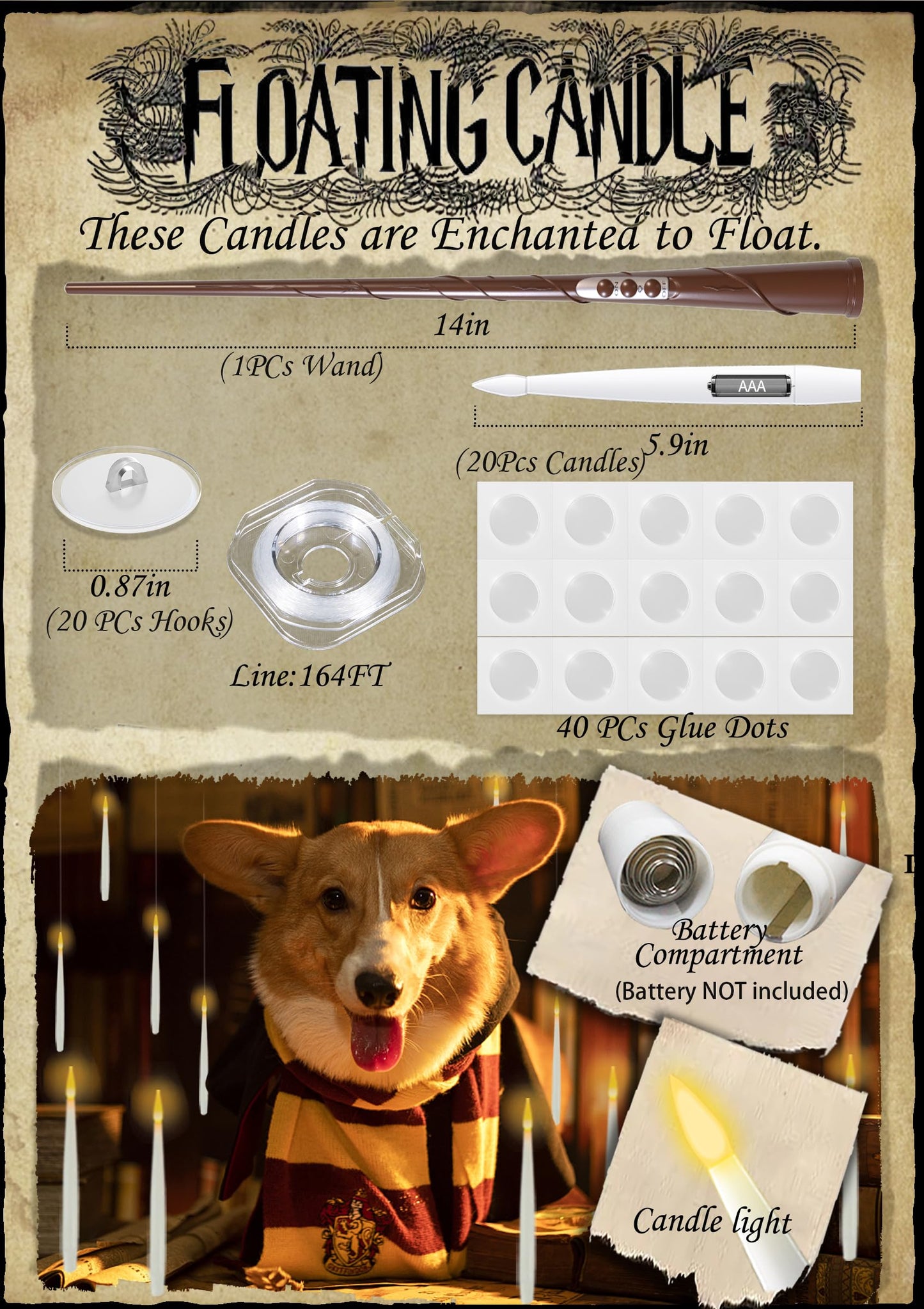 Floating Candles with Wand, 20 PCs Magic Hanging Candles, Flickering Warm Light Flameless Floating LED Candle with Wand Remote, Battery Operated Window Taper Candle Set for Halloween Decorations