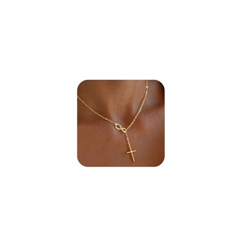 Poxtex Gold Infinity Necklace for Womens Dainty 14K Sideway Cross Pendant Necklaces Non Tarnish Waterproof Golden Necklace Simple Choker Trendy Jewelry Christian Faith Cross Gifts