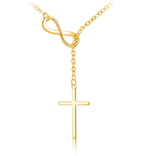 Poxtex Gold Infinity Necklace for Womens Dainty 14K Sideway Cross Pendant Necklaces Non Tarnish Waterproof Golden Necklace Simple Choker Trendy Jewelry Christian Faith Cross Gifts