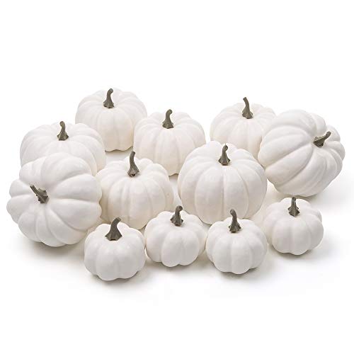 Ogrmar 12 Pack Artificial Assorted Pumpkins, Mini Fake Pumpkins Artificial Vegetables for Halloween,Harvest Thanksgiving Party Decor (White)