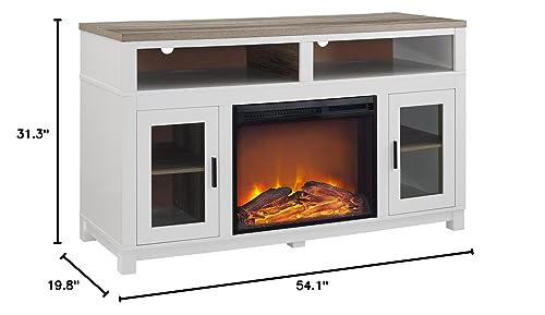 Ameriwood Home Carver Fireplace TV Stand for TVs up to 60 Inch, Replaceable Electric Fireplace Insert Heater, Remote Control, Timer, Realistic Log and Flame Effect, For Living Room or Bedroom, White