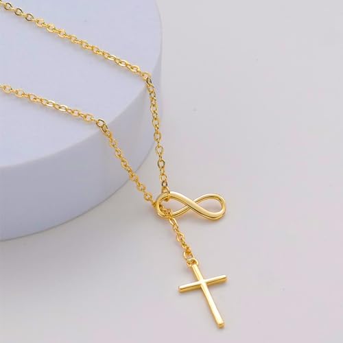 Poxtex Gold Infinity Necklace for Womens Dainty 14K Sideway Cross Pendant Necklaces Non Tarnish Waterproof Golden Necklace Simple Choker Trendy Jewelry Christian Faith Cross Gifts