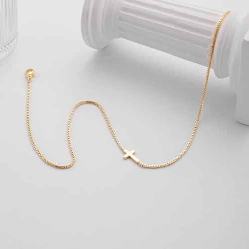 Rotnso Cross Necklace for Women 14K Gold Plated Dainty Small Sideways Cross Pendant Choker Simple Trendy Cute Cross Charm Box Chain Necklace Faith Jewelry Religious Minimalist Gift