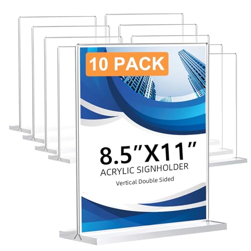 DECOHOBO 10 Pack Acrylic Sign Holder 8.5 x 11, Double-Sided Clear Sign Holder Plastic Stands for Display, T Shape Acrylic Table Sign Stands for Office Store Restaurants Wedding Party Decoration