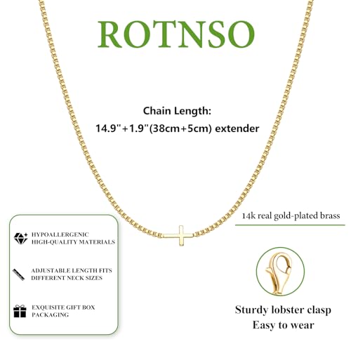 Rotnso Cross Necklace for Women 14K Gold Plated Dainty Small Sideways Cross Pendant Choker Simple Trendy Cute Cross Charm Box Chain Necklace Faith Jewelry Religious Minimalist Gift