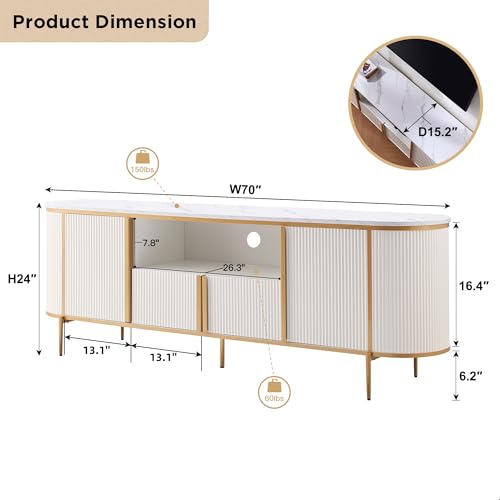 OKD Luxury 70" Fluted TV Stand, Modern Entertainment Center for TVs Up to 80 inches, TV Console with Faux Marble Top, Curved Profile Design, Media Console for Living Room, White