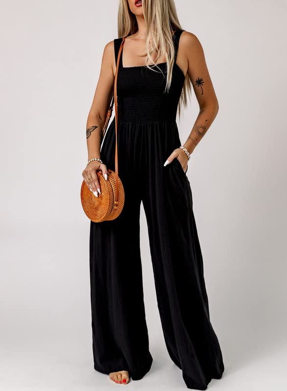 Dokotoo Loose Jumpsuits for Women Overalls Oversized Solid Color Wide Leg One Piece Sleeveless jumpsuit Long Pant Romper with Pockets 2024 Fashion Black Large