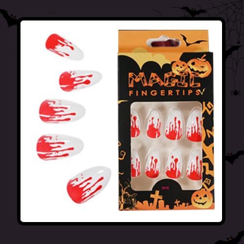 DOCVOEOMH Halloween Press on Nails Almond Short Medium Fake Glue ons Nails with Halloween Blood Design Almond Shape Full Cover Artificial False Stick on Acrylic Nail for Women 24PCS