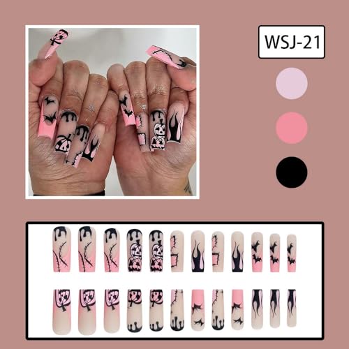 24 Pcs Halloween Bat Press on Nails Medium Length Pink French Tip Fake Nails with Pumpkin Designs Full Cover Matte Acrylic Nails Stick on Nails Halloween False Nails Tips for Women Girls