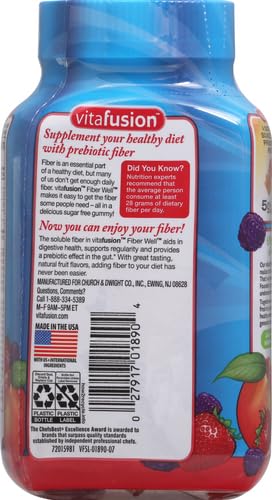 Vitafusion Fiber Well Sugar Free Fiber Supplement, Peach, Strawberry And Blackberry Flavored Supplements, 90 Count