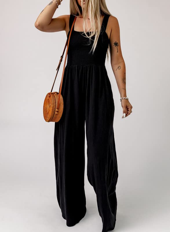 Dokotoo Loose Jumpsuits for Women Overalls Oversized Solid Color Wide Leg One Piece Sleeveless jumpsuit Long Pant Romper with Pockets 2024 Fashion Black Large