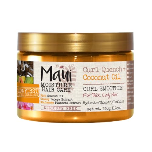 Maui Moisture Curl Quench + Coconut Oil Hydrating Curl Smoothie, Creamy Silicone-Free Styling Cream for Tight Curls, Braids, Twist-Outs & Wash & Go Styles, Vegan & Paraben-Free, 12 Ounce