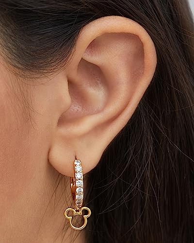 Disney Mickey Mouse Hoop Earrings for Women Official License, Gold Flash-Plated Cubic Zirconia Hoops with Mickey Dangle Charm