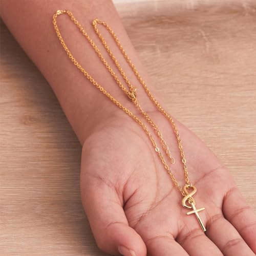 Poxtex Gold Infinity Necklace for Womens Dainty 14K Sideway Cross Pendant Necklaces Non Tarnish Waterproof Golden Necklace Simple Choker Trendy Jewelry Christian Faith Cross Gifts