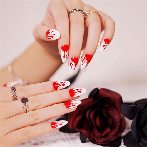 DOCVOEOMH Halloween Press on Nails Almond Short Medium Fake Glue ons Nails with Halloween Blood Design Almond Shape Full Cover Artificial False Stick on Acrylic Nail for Women 24PCS