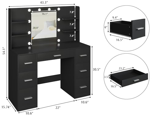 YESHOMY Vanity Desk with Mirror, Power Outlet and 10 Lights, Makeup Table with 7 Drawers, 3 Color Modes Available for Bedroom, Black