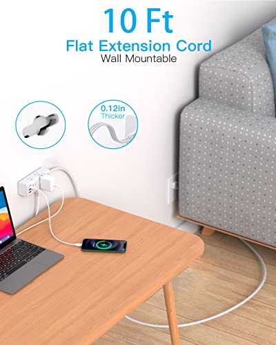 10Ft Extension Cord with Multiple Outlets, Flat Plug Power Strip Surge Protector with 10 Ft Long Cord, 6 Outlet 3 USB Ports (1 USB C), Multi Outlet Wall Plug for Travel, College, Dorm Room Essentials