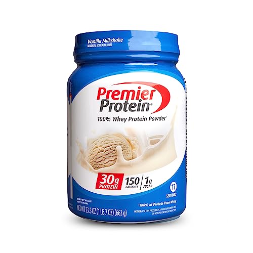 Premier Protein Powder, Vanilla Milkshake, 30g Protein, 1g Sugar, 100% Whey Protein, Keto Friendly, No Soy Ingredients, Gluten Free, 17 Servings, 23.3 Ounces