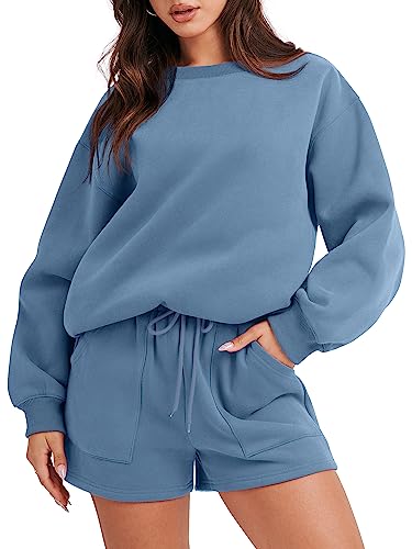 ANRABESS Women 2 Piece Outfits Sweat Shorts Sets 2024 Oversized Casual Lounge Matching Set Sweatsuit Tracksuit Clothes Deep Blue Large