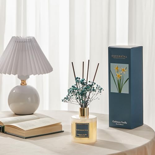 Cocorrína Premium Reed Diffuser Set with Preserved Baby's Breath & Cotton Stick Cashmere Vanilla | 6.7oz Scent Fragrance Oil Diffuser for Bedroom Bathroom Home Décor