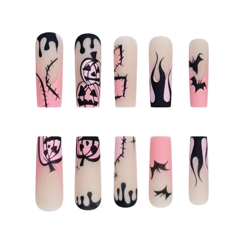 24 Pcs Halloween Bat Press on Nails Medium Length Pink French Tip Fake Nails with Pumpkin Designs Full Cover Matte Acrylic Nails Stick on Nails Halloween False Nails Tips for Women Girls