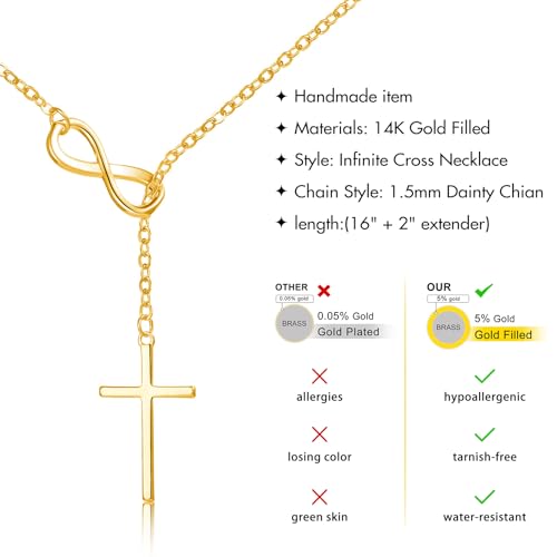 Poxtex Gold Infinity Necklace for Womens Dainty 14K Sideway Cross Pendant Necklaces Non Tarnish Waterproof Golden Necklace Simple Choker Trendy Jewelry Christian Faith Cross Gifts