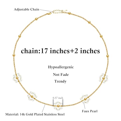 SmileBelle Daisy Pearl Necklace, Dainty Pearl Choker Necklace for Women as Flower Necklace, 14K Gold Plated Stainless Steel Trendy Gold Necklaces as Pearl Jewelry Teen Girls Daisy Wedding Costume Gift