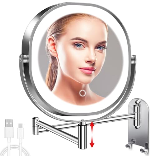 CONLWIN 9" Wall Mounted Lighted Makeup Mirror, 3000mAh Rechargeable Double Sided 1X/10X Magnifying Mirror with Hook, 3 Color Lights Dimmable 360° Rotation Vanity Mirror for Bathroom