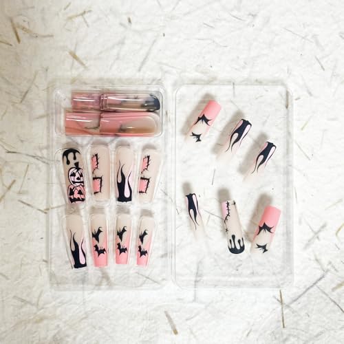 24 Pcs Halloween Bat Press on Nails Medium Length Pink French Tip Fake Nails with Pumpkin Designs Full Cover Matte Acrylic Nails Stick on Nails Halloween False Nails Tips for Women Girls