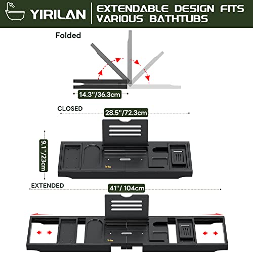 Yirilan Bath Tray, Foldable Bathtub Caddy, Adjustable Premium Bamboo Bathroom Tray for Tub, for Home Spa - Couples Wedding Gifts - Black