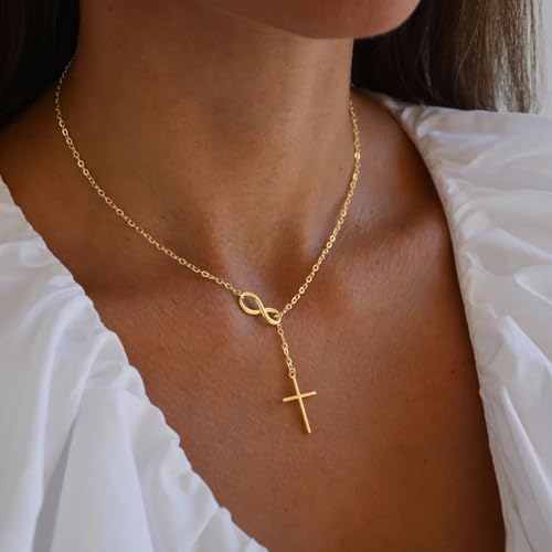 Poxtex Gold Infinity Necklace for Womens Dainty 14K Sideway Cross Pendant Necklaces Non Tarnish Waterproof Golden Necklace Simple Choker Trendy Jewelry Christian Faith Cross Gifts