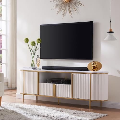 OKD Luxury 70" Fluted TV Stand, Modern Entertainment Center for TVs Up to 80 inches, TV Console with Faux Marble Top, Curved Profile Design, Media Console for Living Room, White